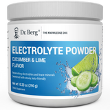 Electrolyte Powder, Cucumber and Lime Flavor, 50 Servings, 10.23 ounces, front view, Dr. Berg branding, cucumber and lime slices on the cover.