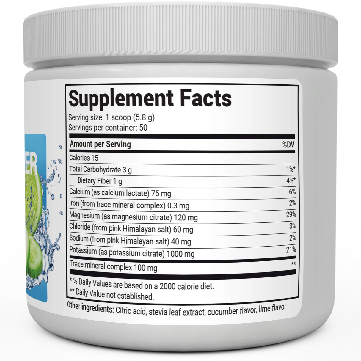 Electrolyte Powder, Cucumber and Lime Flavor bottle label, right side view, supplement facts. 