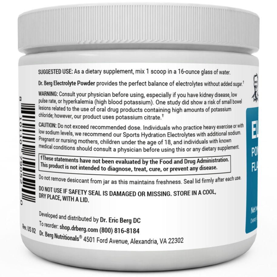 Electrolyte Powder, Pomegranate and Cherry Flavor bottle label, right side view, supplement facts. 