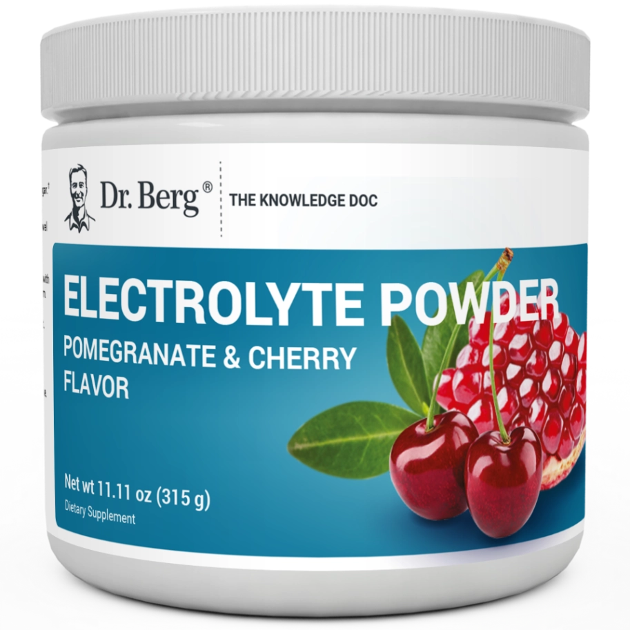 Electrolyte Powder, Pomegranate and Cherry Flavor, 50 Servings, 11.11 ounces, front view, bottle with Dr. Berg branding, cherries and pomegranate on the cover.