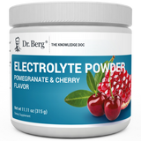 Electrolyte Powder, Pomegranate and Cherry Flavor, 50 Servings, 11.11 ounces, front view, bottle with Dr. Berg branding, cherries and pomegranate on the cover.