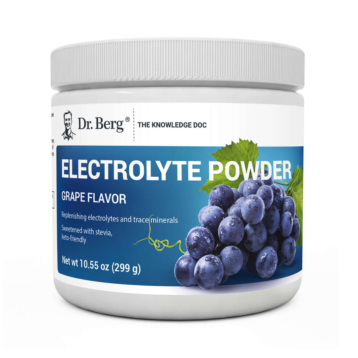 Electrolyte Powder, Grape Flavor, 50 Servings, 10.55 ounces, front view, bottle with Dr. Berg branding and grapes on the cover.