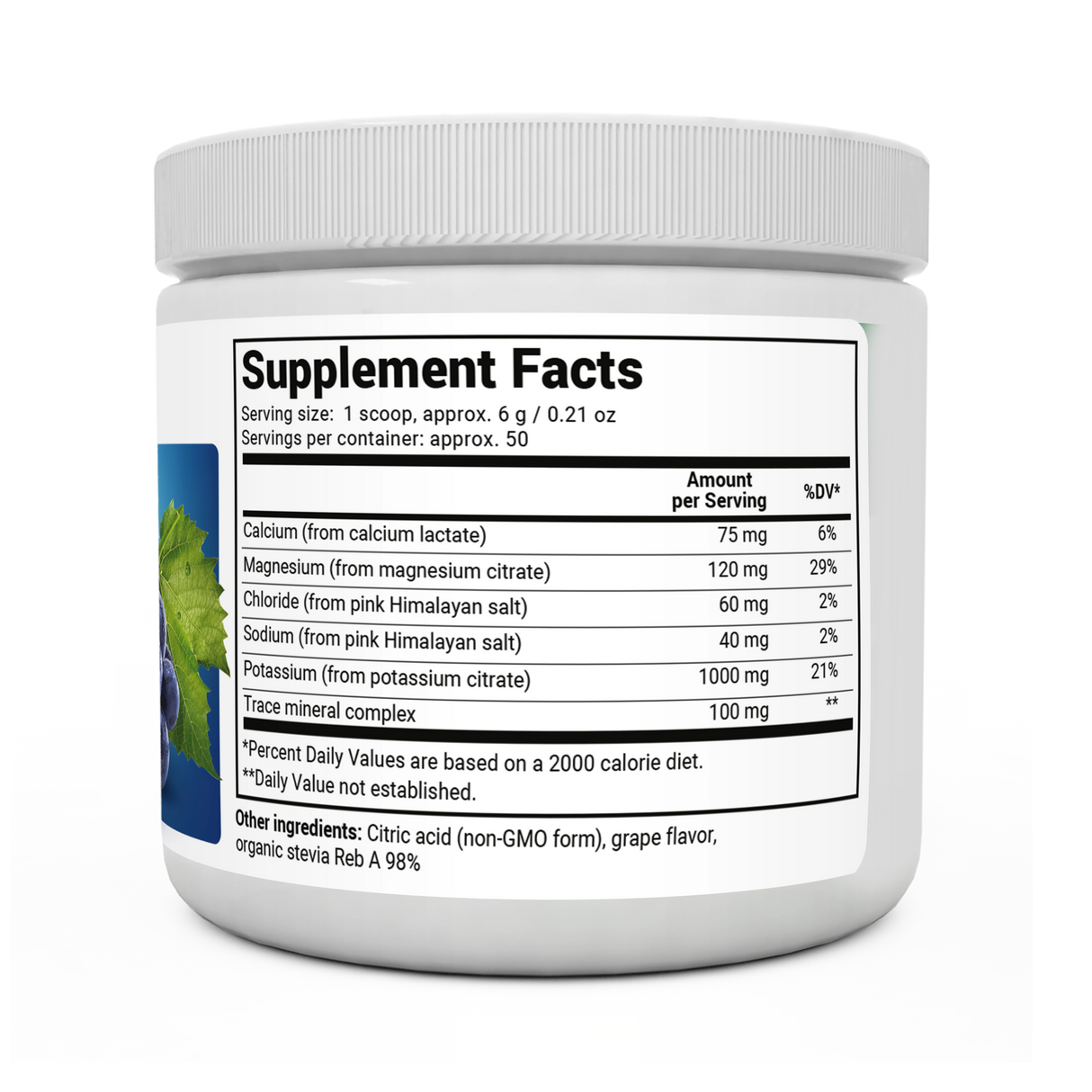 Electrolyte Powder, Grape Flavor bottle label, right side view, supplement facts. 