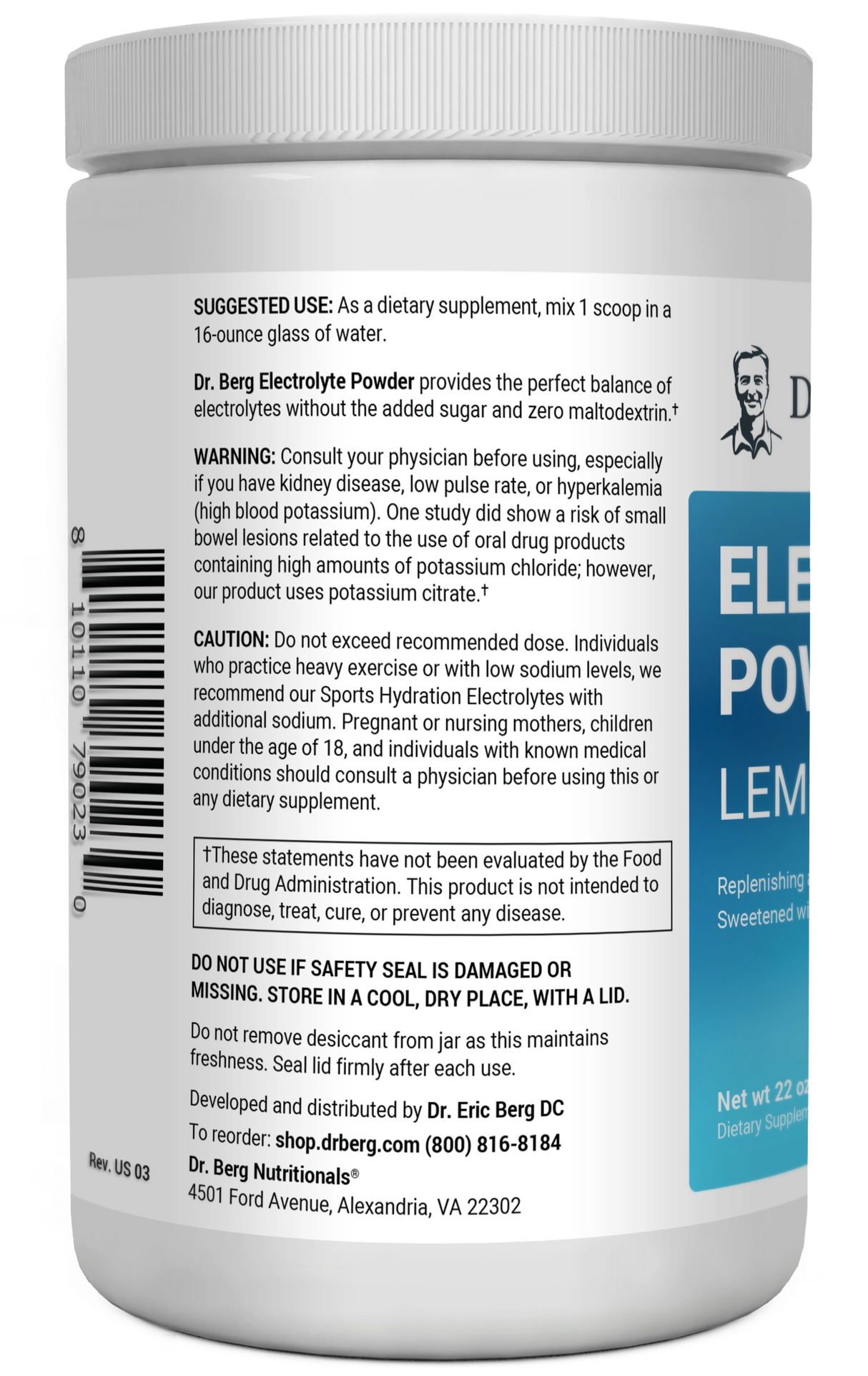 Electrolyte Powder, Lemonade Flavor 100 Servings bottle label, left side view, suggested use instructions, safety warning details.