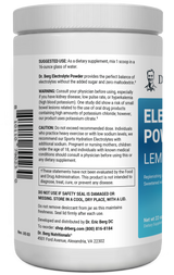 Electrolyte Powder, Lemonade Flavor 100 Servings bottle label, left side view, suggested use instructions, safety warning details.