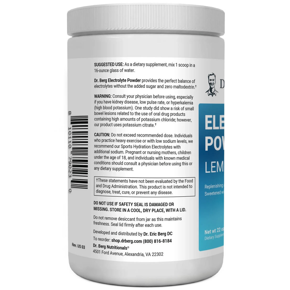 Electrolyte Powder, Lemonade Flavor 100 Servings bottle label, left side view, suggested use instructions, safety warning details.