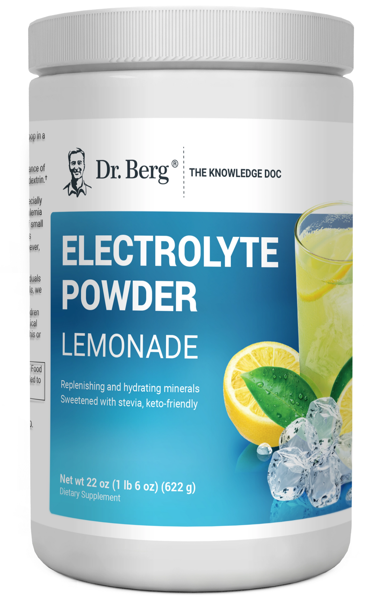 Electrolyte Powder, Lemonade Flavor, 100 Servings, 1 pound 6 ounces, front view, bottle with Dr. Berg branding and a glass of lemonade on the cover.