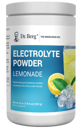 Electrolyte Powder, Lemonade Flavor, 100 Servings, 1 pound 6 ounces, front view, bottle with Dr. Berg branding and a glass of lemonade on the cover.