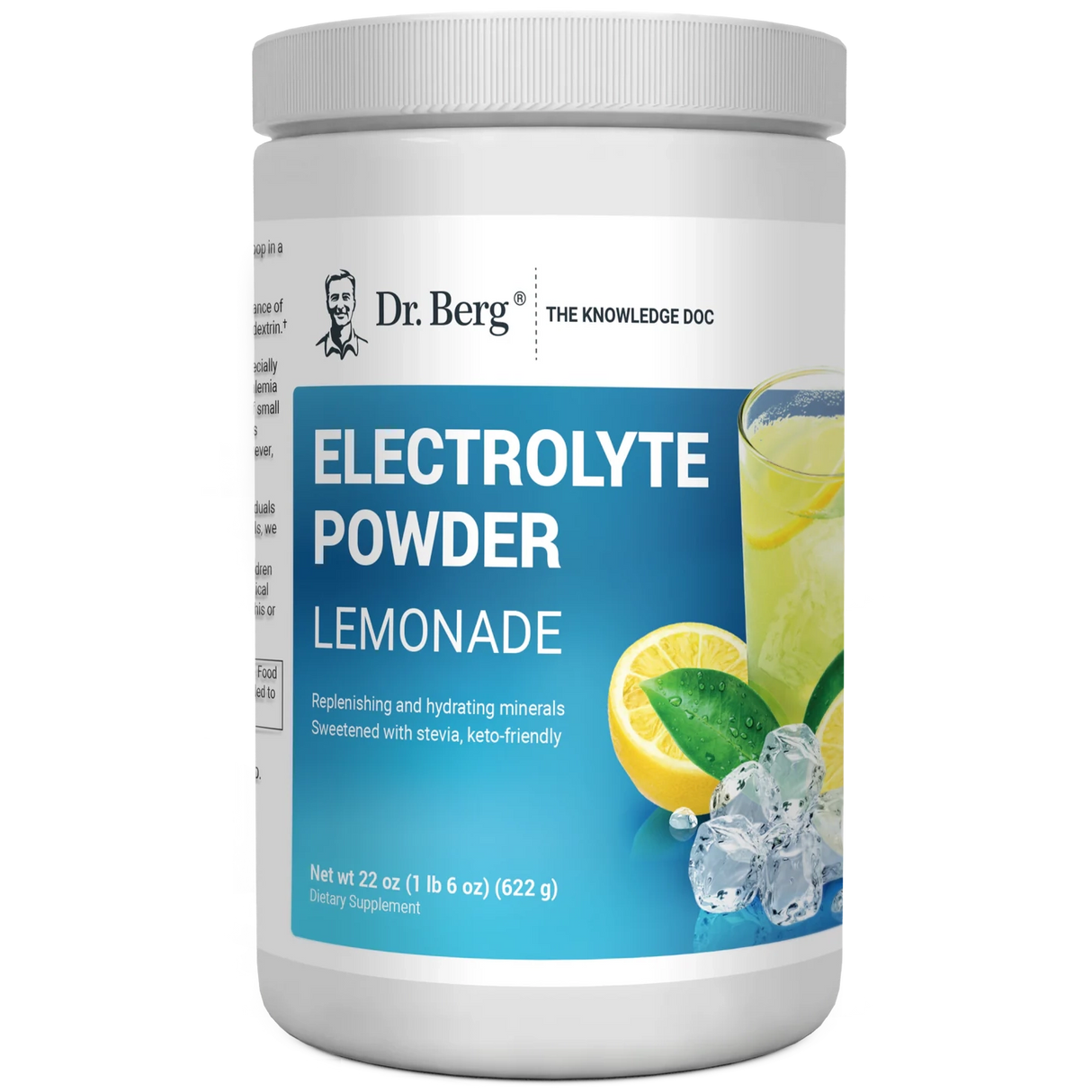 Electrolyte Powder, Lemonade Flavor, 100 Servings, 1 pound 6 ounces, front view, bottle with Dr. Berg branding and a glass of lemonade on the cover.