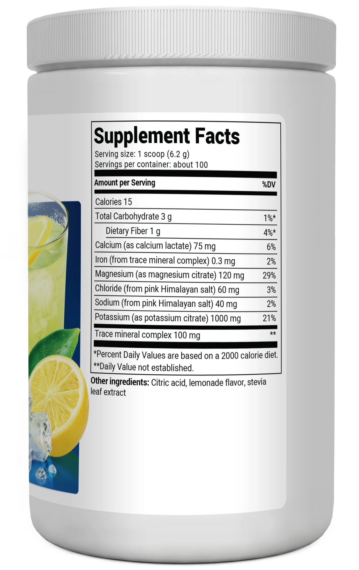 Electrolyte Powder, Lemonade Flavor 100 Servings bottle label, right side view, supplement facts. 