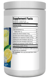 Electrolyte Powder, Lemonade Flavor 100 Servings bottle label, right side view, supplement facts. 