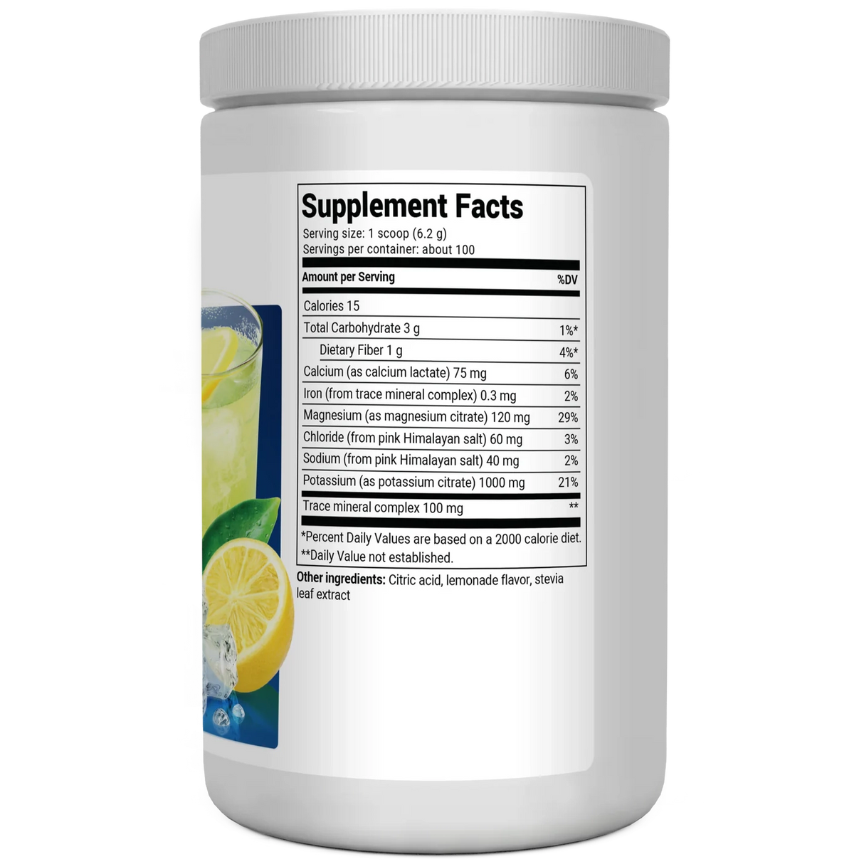 Electrolyte Powder, Lemonade Flavor 100 Servings bottle label, right side view, supplement facts. 