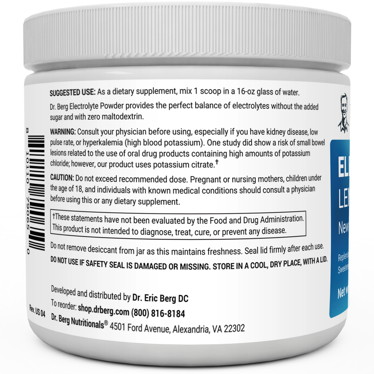 Electrolyte Powder, Lemonade Flavor 50 Servings bottle label, left side view, suggested use instructions, safety warning details.