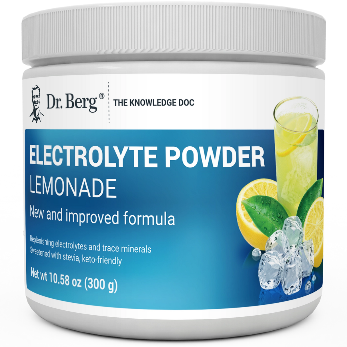 Electrolyte Powder, Lemonade Flavor, 50 Servings, 10.58 ounces, front view, bottle with Dr. Berg branding and a glass of lemonade on the cover.