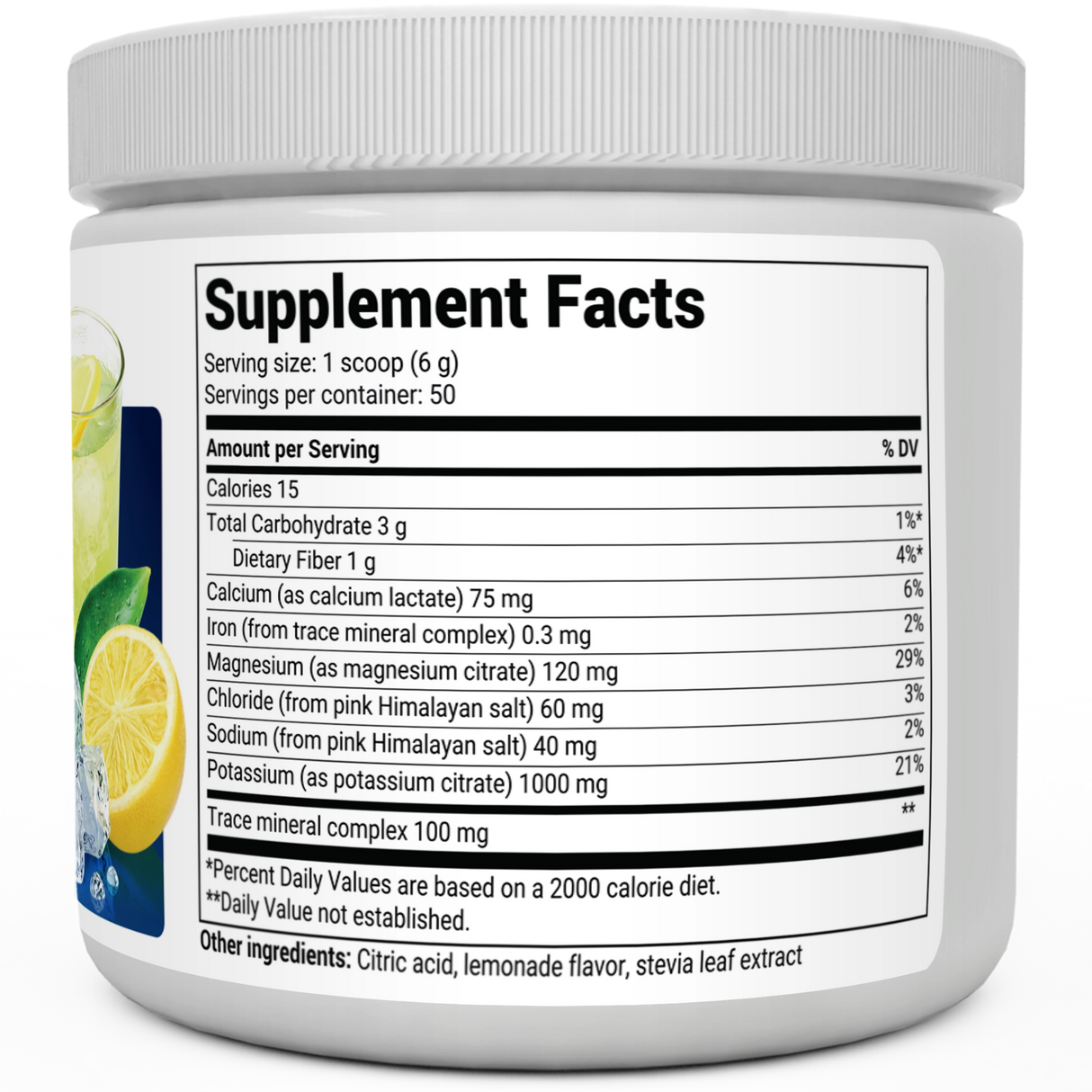 Electrolyte Powder, Lemonade Flavor 50 Servings bottle label, right side view, supplement facts. 