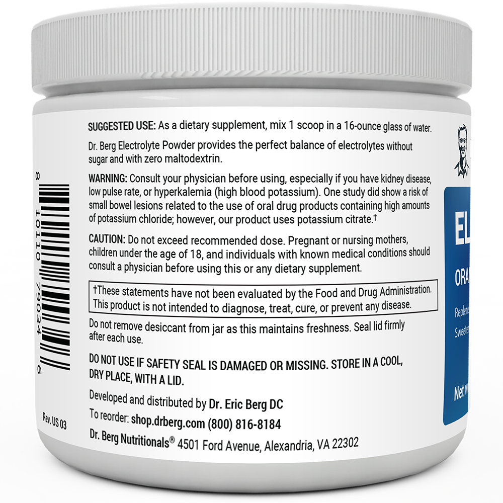 Electrolyte Powder, Orange Flavor bottle label, left side view, suggested use instructions, safety warning details.