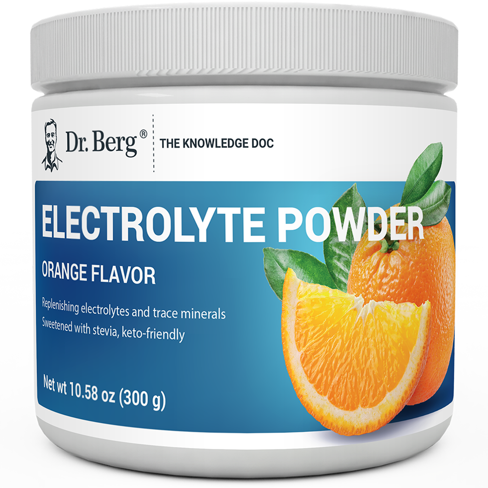 Electrolyte Powder, Orange Flavor, 50 Servings, 10.58 ounces, front view, bottle with Dr. Berg branding and an orange slice on the cover.