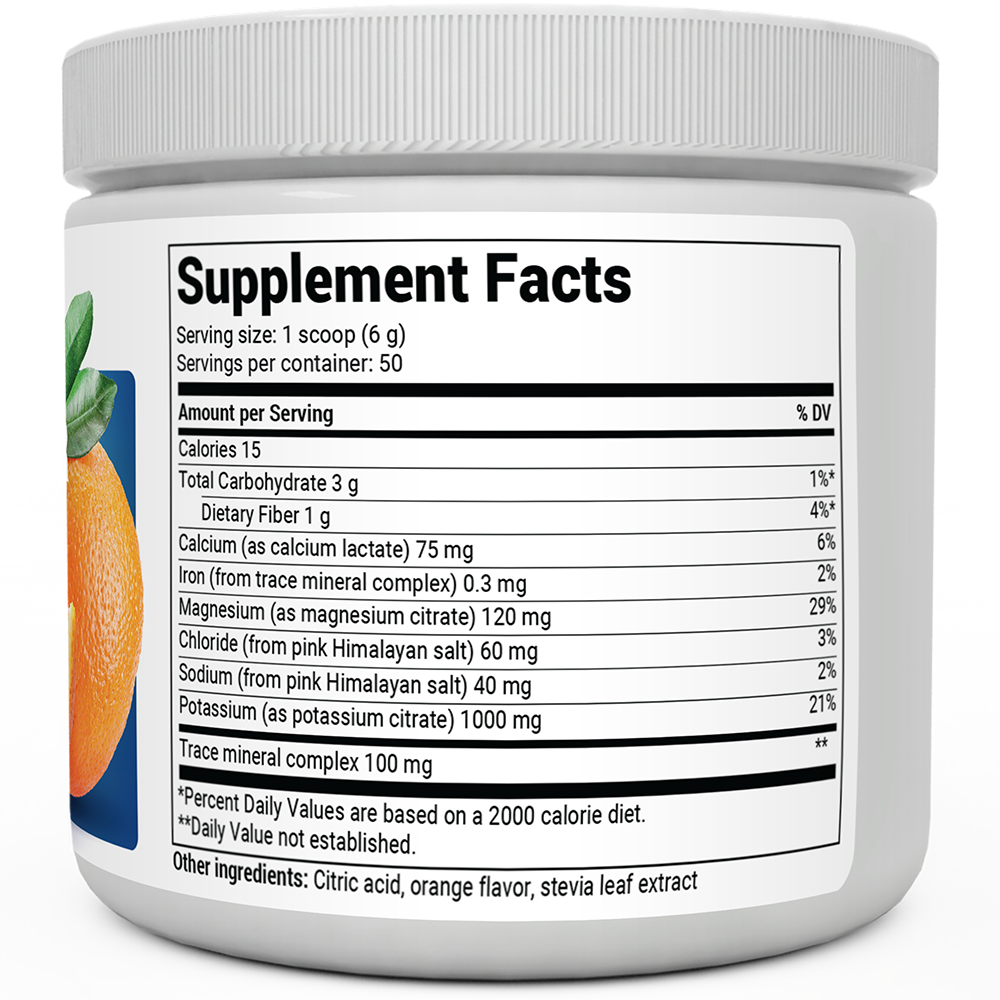 Electrolyte Powder, Orange Flavor bottle label, right side view, supplement facts. 