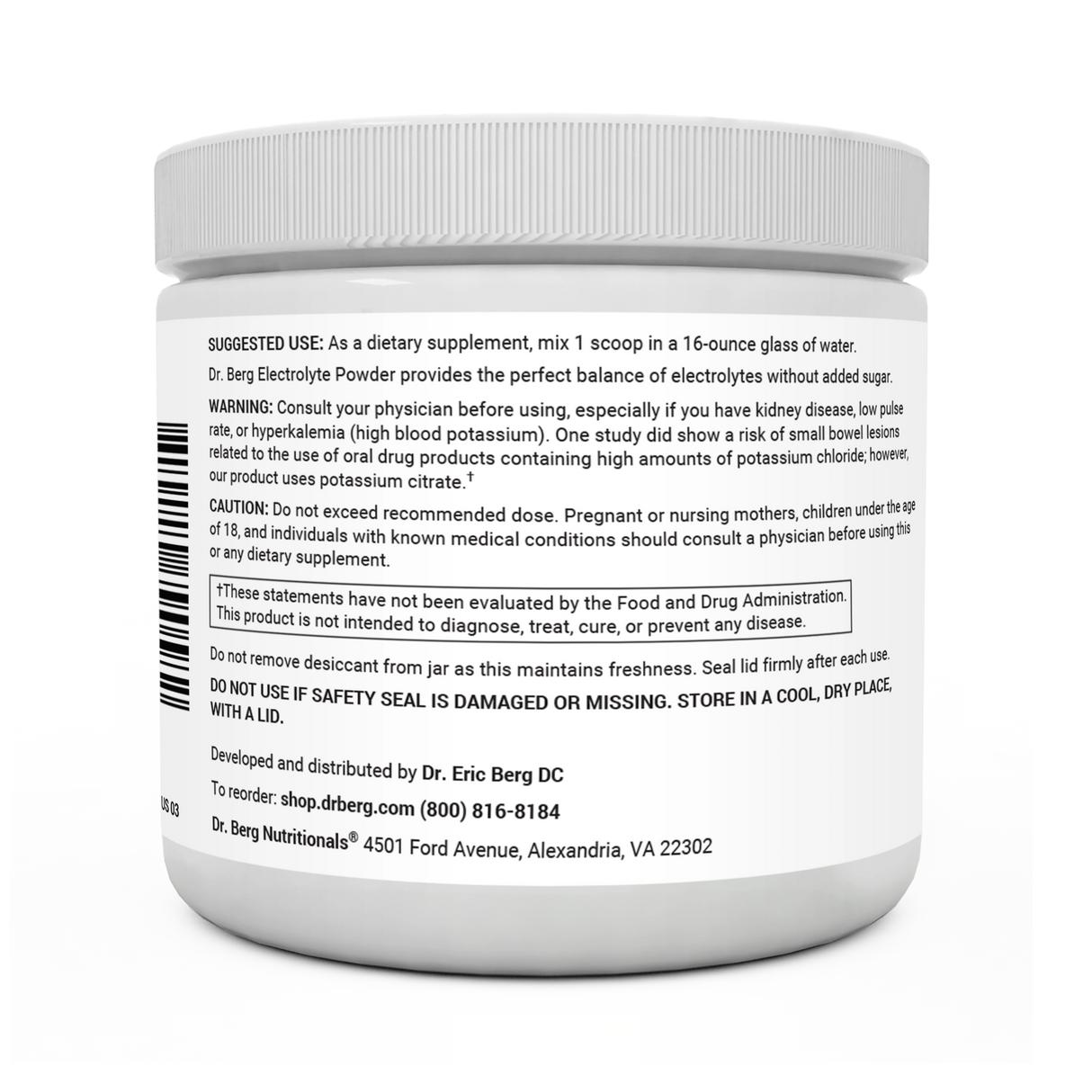 Electrolyte Powder, Raspberry and Lemon Flavor 50 Servings bottle label, left side view, suggested use instructions, safety warning details.