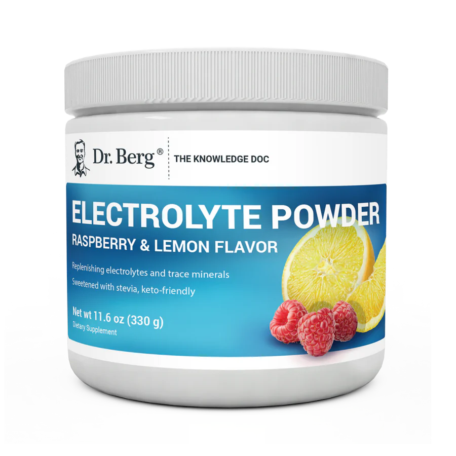 Electrolyte Powder, Raspberry and Lemon Flavor, 50 Servings, 11.6 ounces, front view, bottle with Dr. Berg branding, raspberries, and lemon slice on the cover.