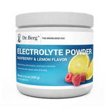 Electrolyte Powder, Raspberry and Lemon Flavor, 50 Servings, 11.6 ounces, front view, bottle with Dr. Berg branding, raspberries, and lemon slice on the cover.