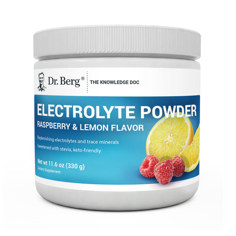 Electrolyte Powder, Raspberry and Lemon Flavor, 50 Servings, 11.6 ounces, front view, bottle with Dr. Berg branding, raspberries, and lemon slice on the cover.