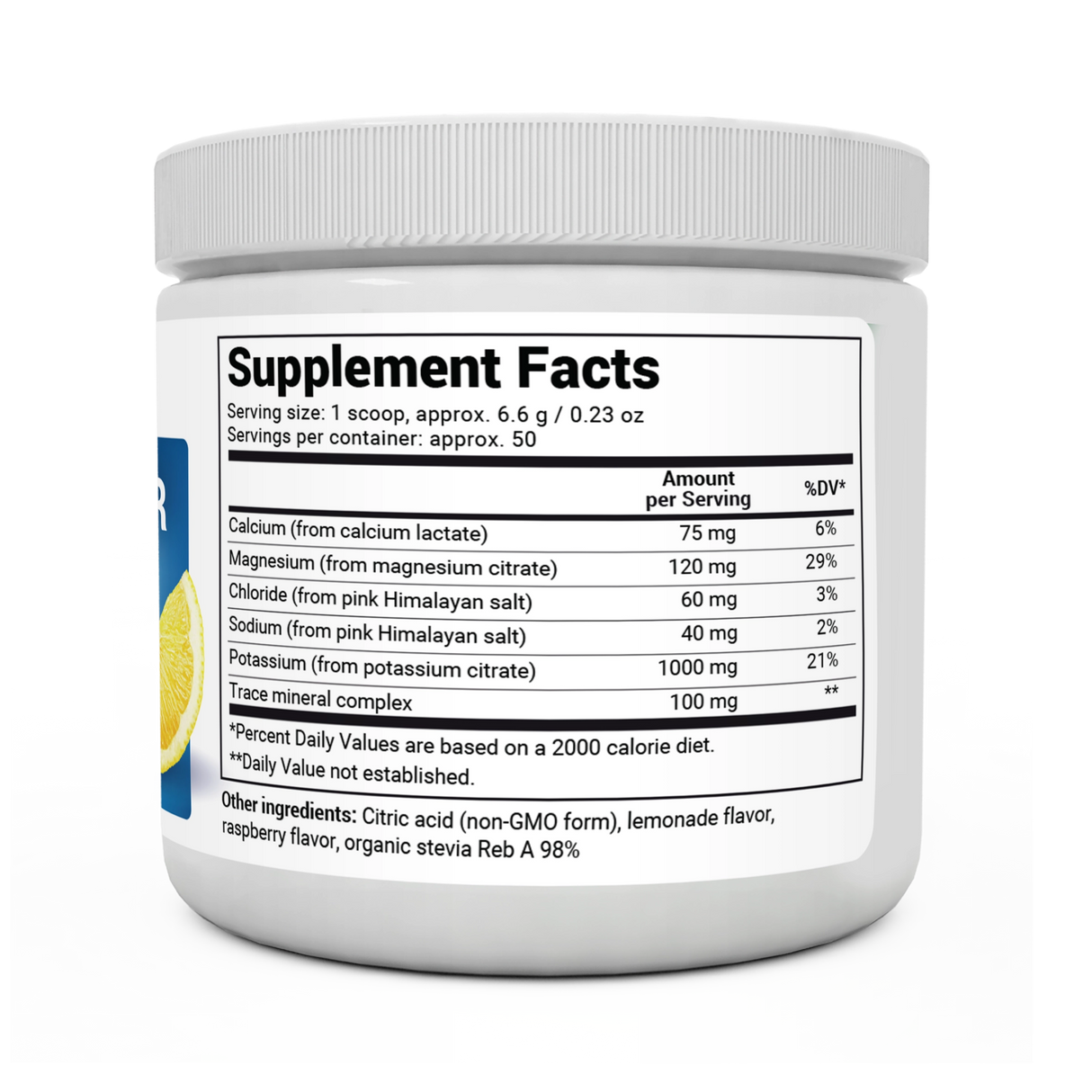 Electrolyte Powder, Raspberry and Lemon Flavor 50 Servings bottle label, right side view, supplement facts. 