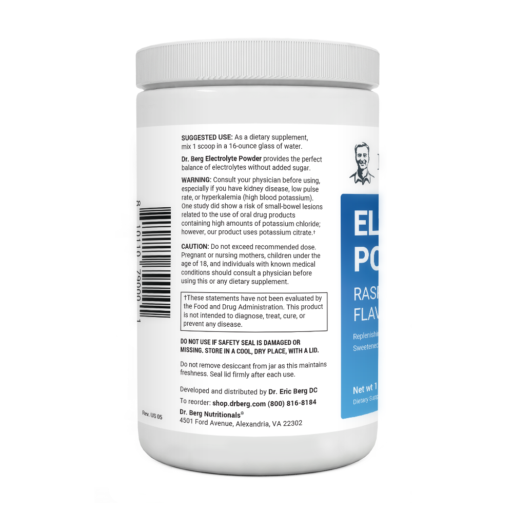 Electrolyte Powder, Raspberry and Lemon Flavor 100 Servings bottle label, left side view, suggested use instructions, safety warning details.