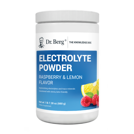 Electrolyte Powder, Lemon RaspberryFlavor, 100 Servings, front view, bottle with Dr. Berg branding and lemons and raspberries.