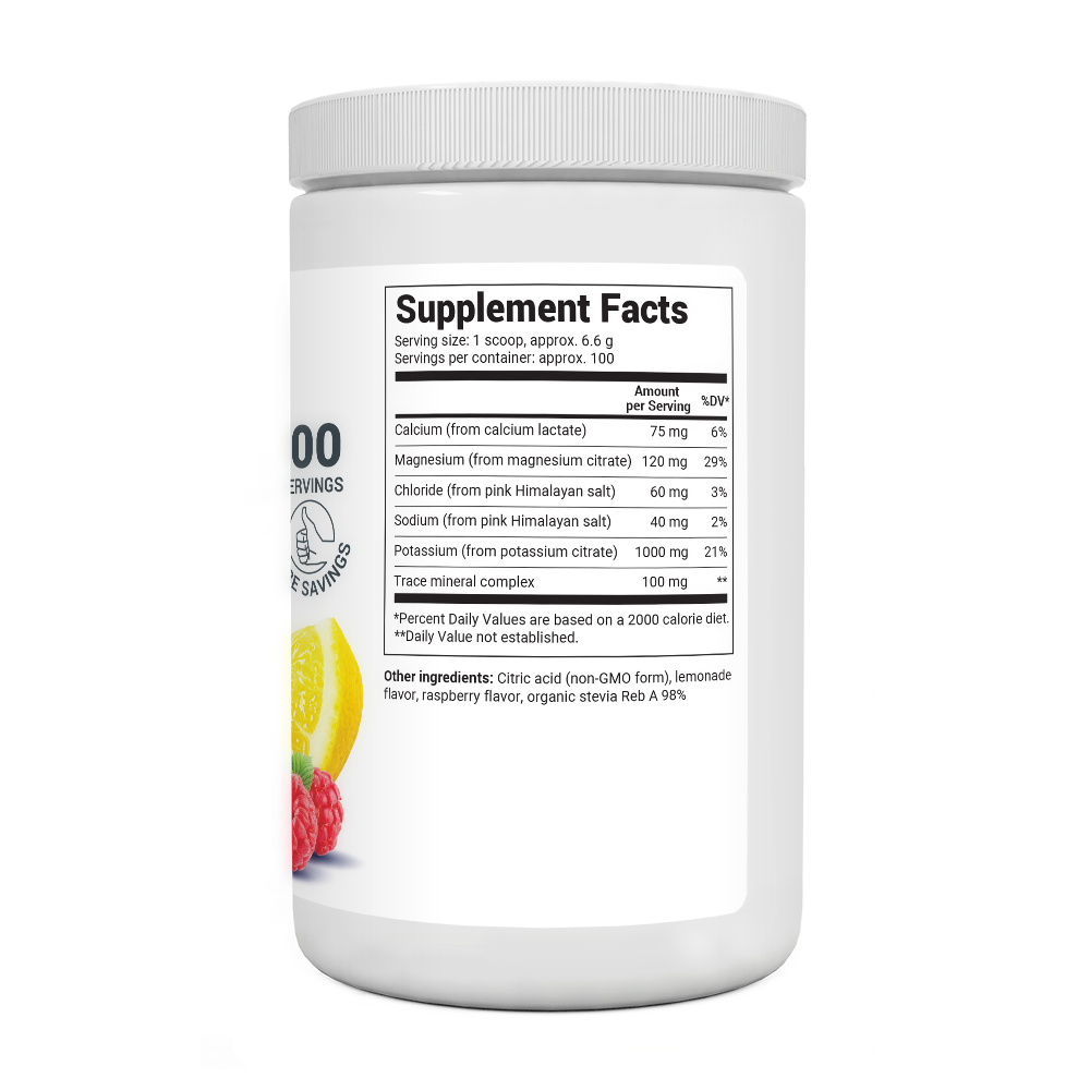 Electrolyte Powder, Raspberry and Lemon Flavor 100 Servings bottle label, right side view, supplement facts. 