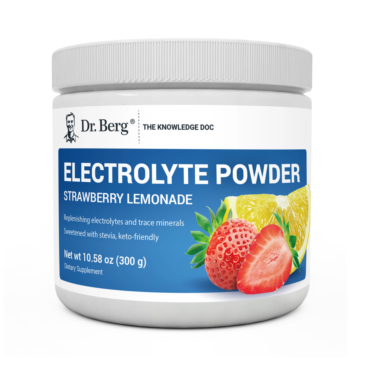 Electrolyte Powder, Strawberry Lemonade Flavor, 50 Servings, 10.58 ounces, front view, bottle with Dr. Berg branding, strawberries and a slice of lemon on the cover.