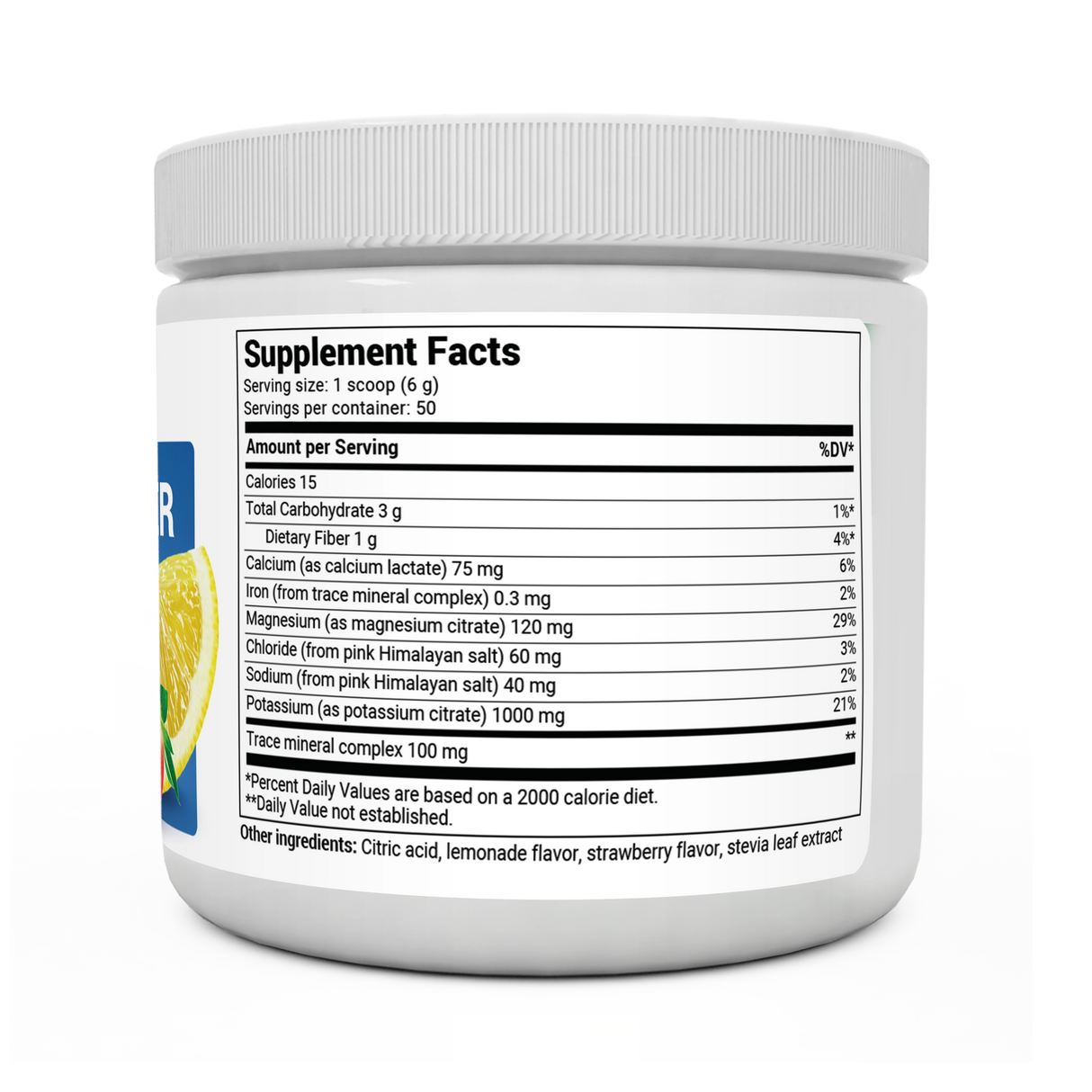 Electrolyte Powder, Strawberry Lemonade Flavor bottle label, right side view, supplement facts. 