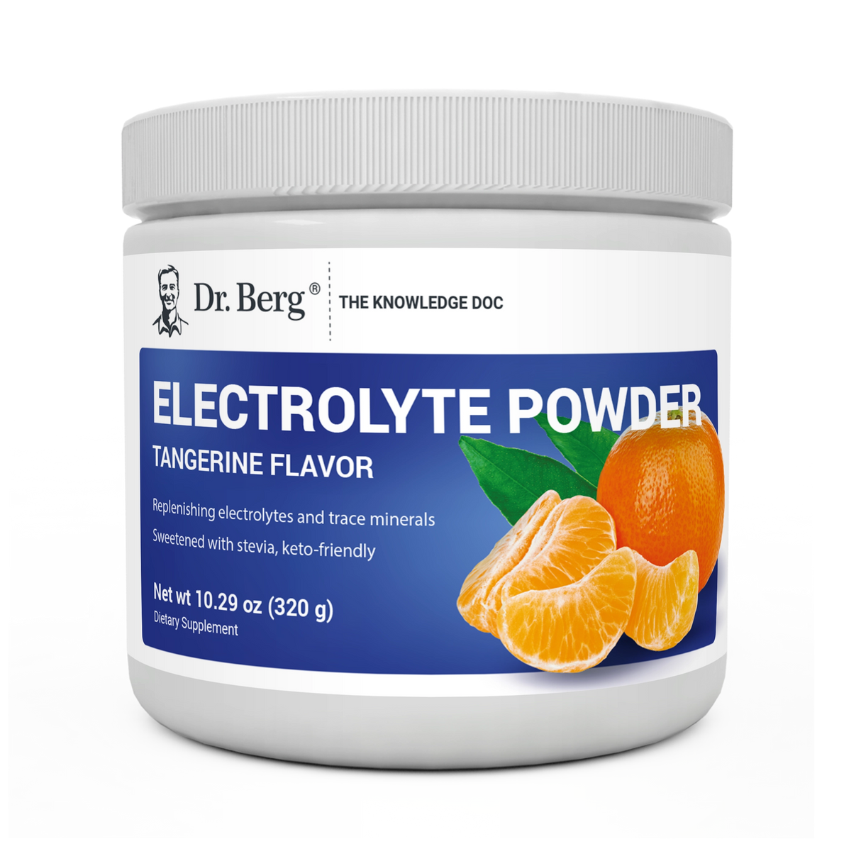 Electrolyte Powder, Tangerine Flavor, 50 Servings, 10.29 ounces, front view, Dr. Berg branding, tangerines on the cover.