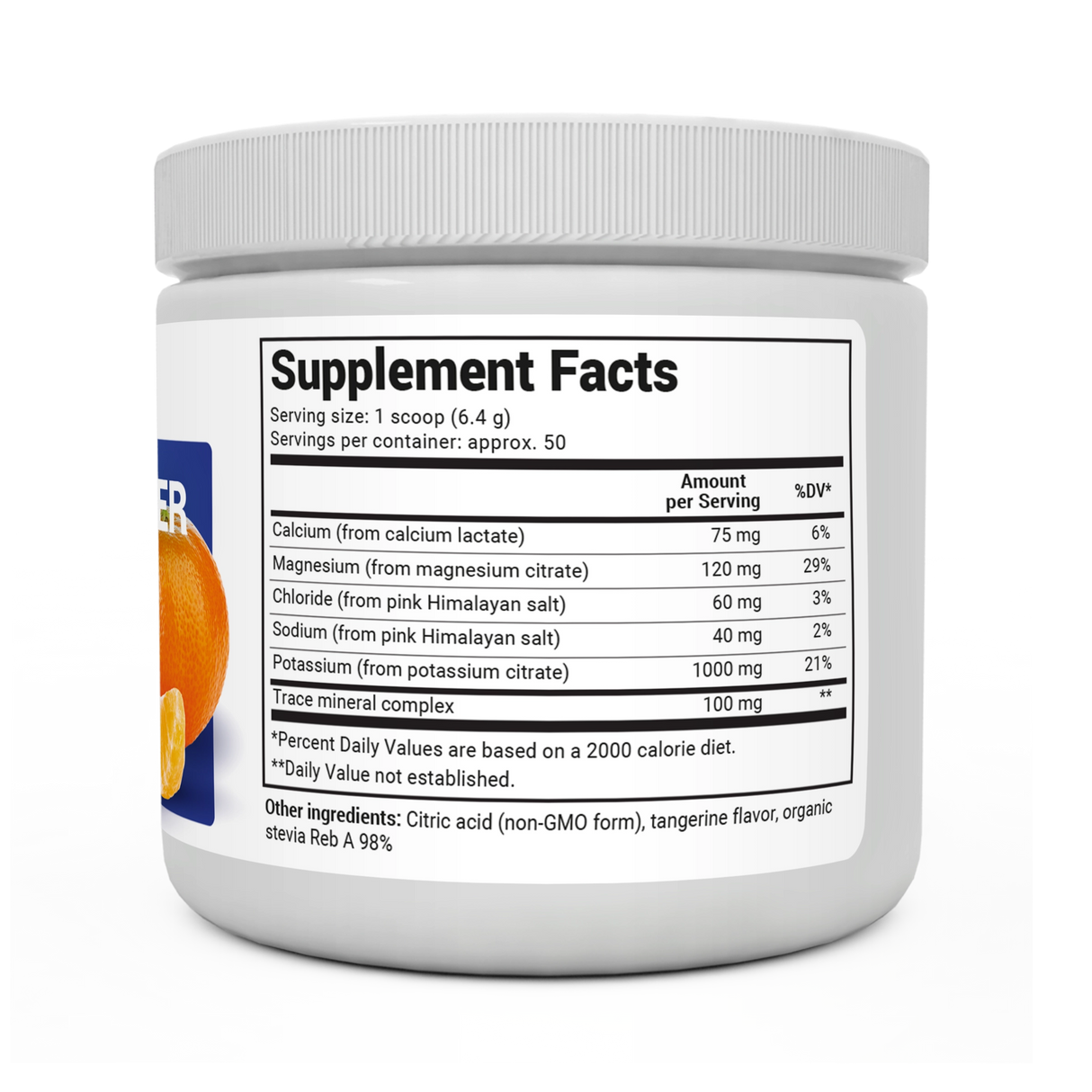 Electrolyte Powder, Tangerine Flavor bottle label, right side view, supplement facts. 