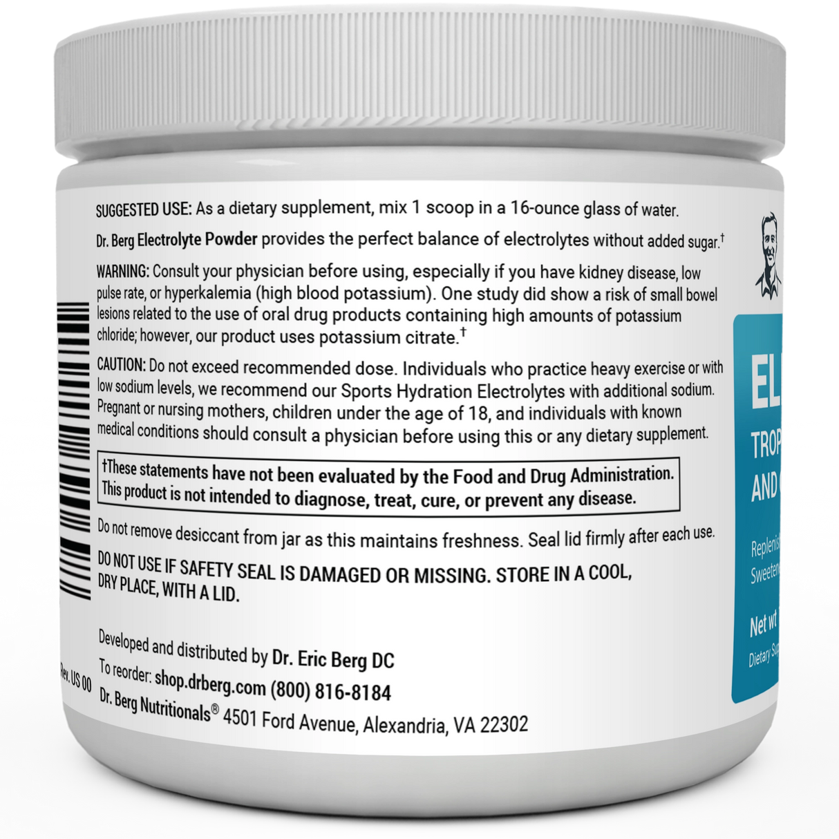 Electrolyte Powder, Tropical Coconut, Pineapple and Orange Flavor bottle label, left side view, suggested use instructions, safety warning details.