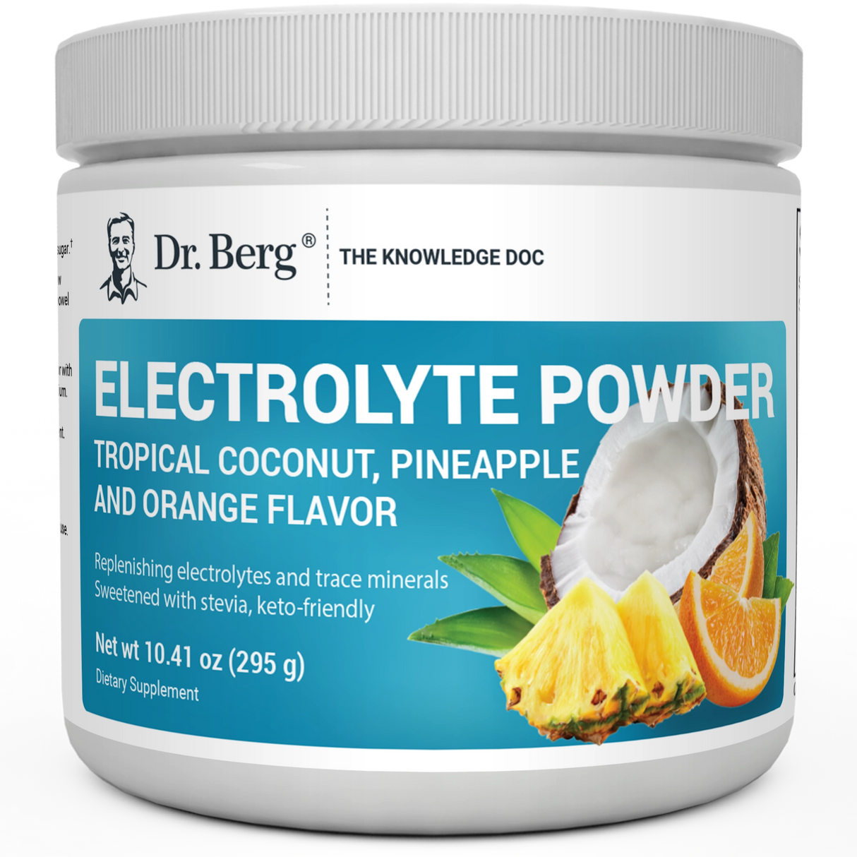 Electrolyte Powder, Tropical Coconut, Pineapple, and Orange Flavor, 50 Servings, 10.41 ounces, front view, Dr. Berg branding, coconut, pineapple, and orange slices on the cover.