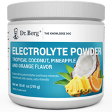 Electrolyte Powder, Tropical Coconut, Pineapple, and Orange Flavor, 50 Servings, 10.41 ounces, front view, Dr. Berg branding, coconut, pineapple, and orange slices on the cover.