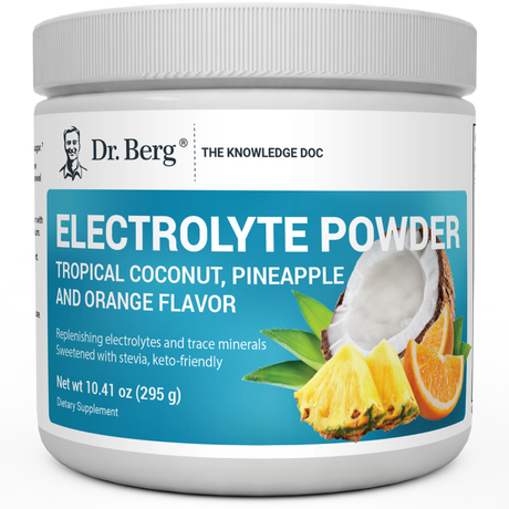 Electrolyte Powder, Lemonade Flavor, 50 Servings, 10.58 ounces, front view, bottle with Dr. Berg branding and a glass of lemonade on the cover.