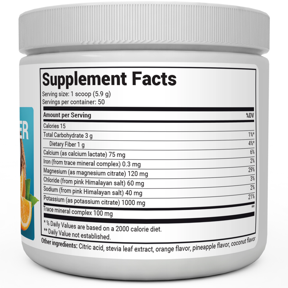 Electrolyte Powder, Tropical Coconut, Pineapple and Orange Flavor bottle label, right side view, supplement facts. 