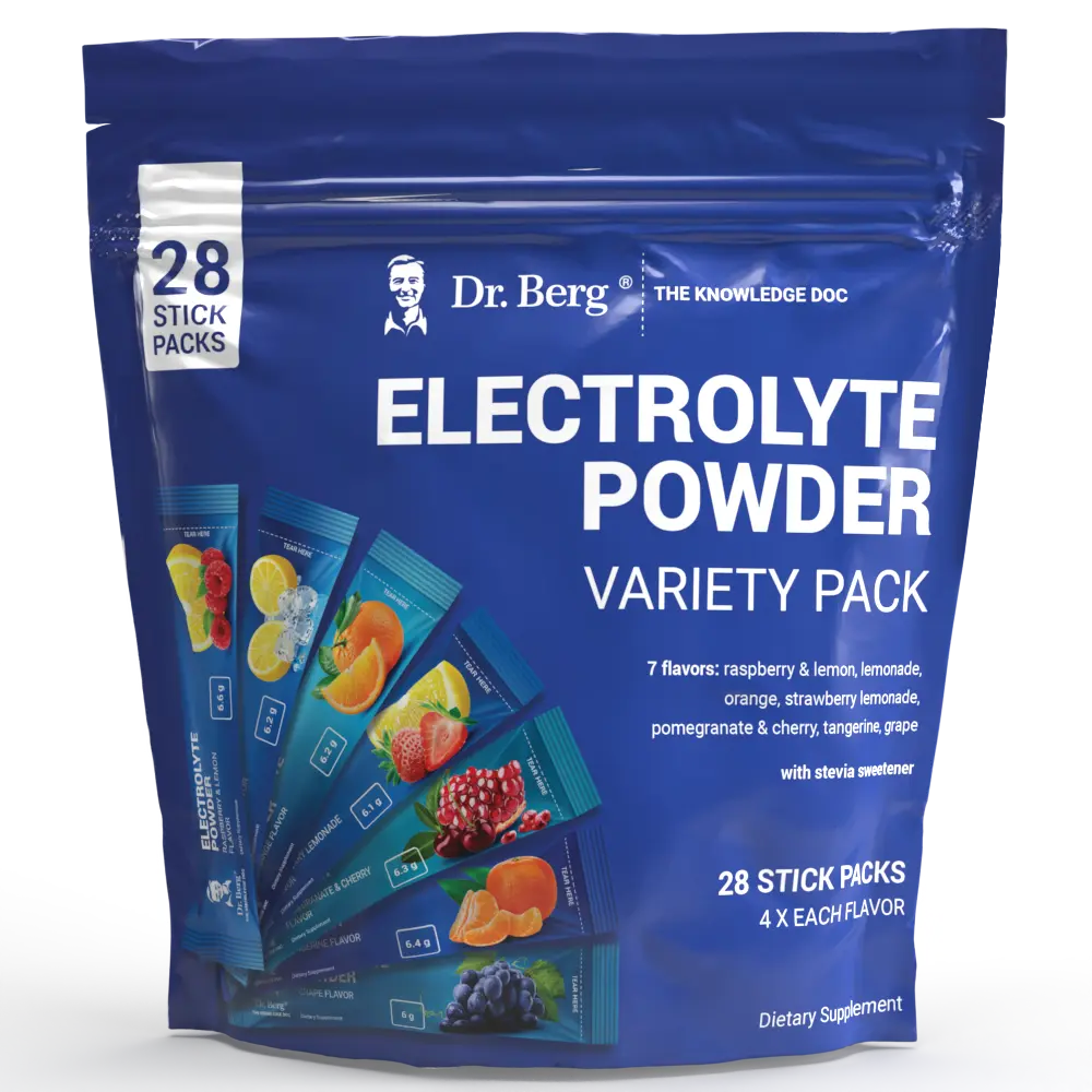 Electrolyte Powder Variety Pack, 28 sticks, front view of bag with Dr. Berg branding and 7 flavor packs on the cover.