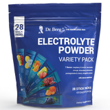 Electrolyte Powder Variety Pack, 28 sticks, front view of bag with Dr. Berg branding and 7 flavor packs on the cover.