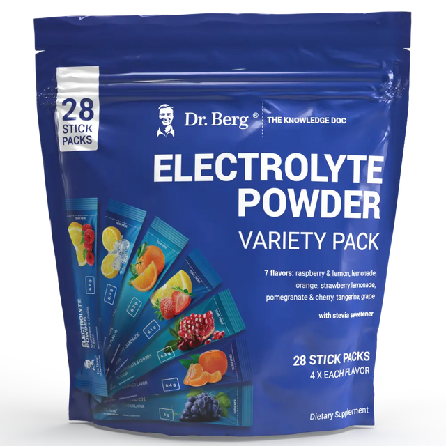 Electrolyte Powder Variety Pack, 28 sticks, front view of bag with Dr. Berg branding and 7 flavor packs on the cover.