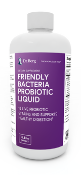 Friendly Bacteria Probiotic Liquid, 16.3 fluid ounces, front view, bottle with Dr. Berg branding.