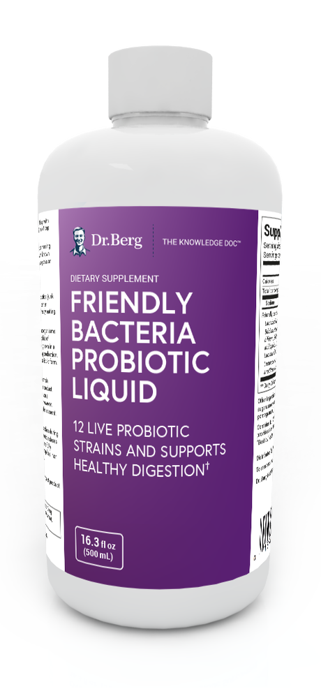 Friendly Bacteria Probiotic Liquid, 16.3 fluid ounces, front view, bottle with Dr. Berg branding.