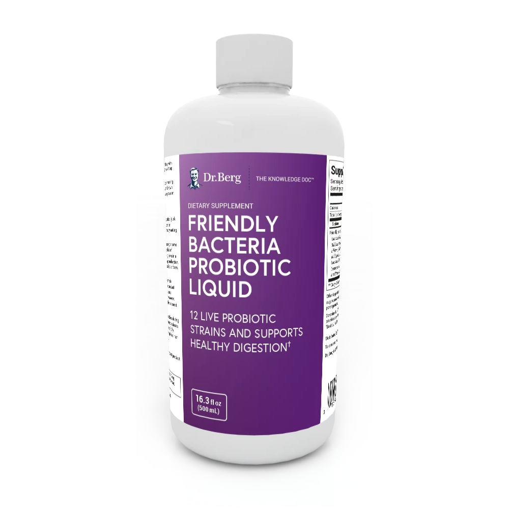 Friendly Bacteria Probiotic Liquid, 16.3 fluid ounces, front view, bottle with Dr. Berg branding.