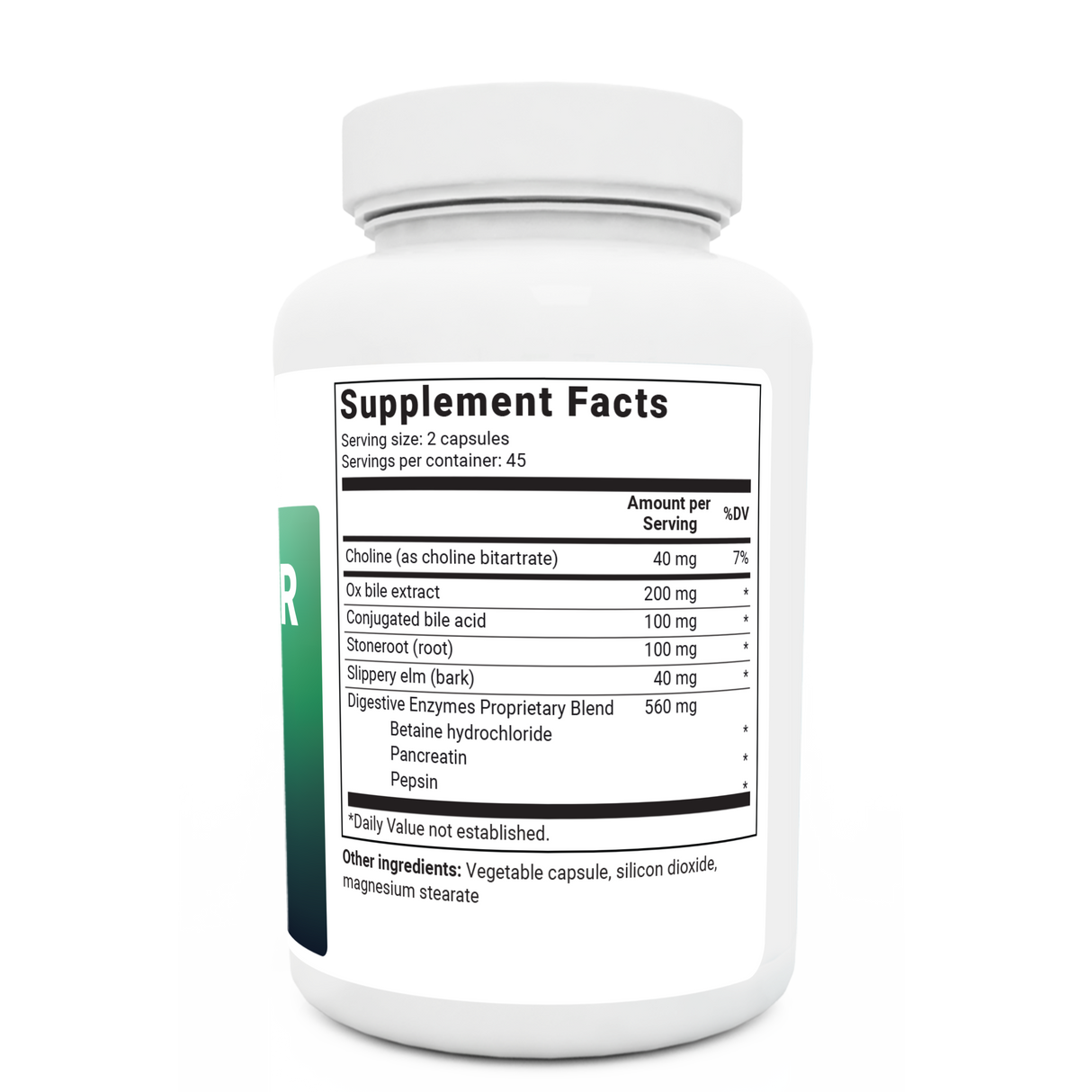 Gallbladder Formula bottle label, right side view, supplement facts. 