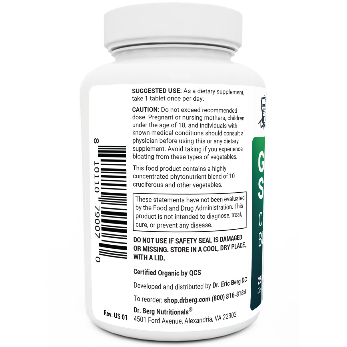 Organic Greens Superfood bottle label, 250 tablets, left side view, suggested use instructions, safety warning details.