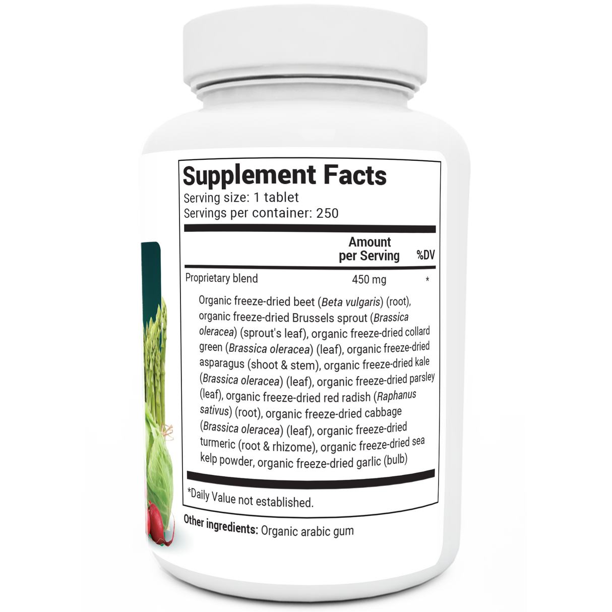 Organic Greens Superfood bottle label, 250 tablets, right side view, supplement facts. 