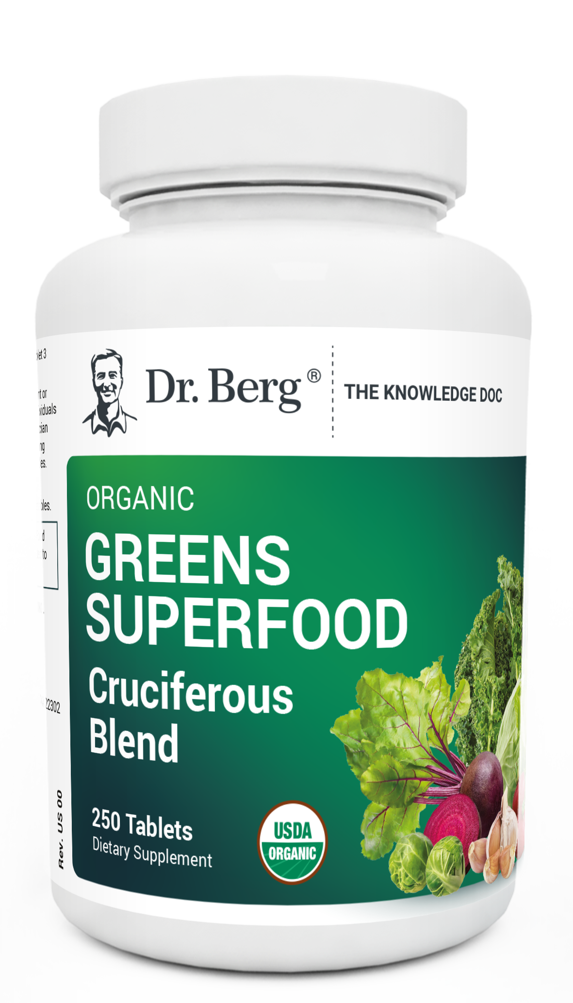 Organic Greens Superfood Cruciferous Blend, 250 tablets, front view, bottle with Dr. Berg branding and vegetables on the cover.