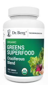 Organic Greens Superfood Cruciferous Blend, 250 tablets, front view, bottle with Dr. Berg branding and vegetables on the cover.